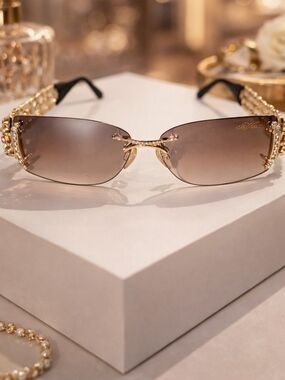 Vintage Caviar Champagne Series Rimless Rhinestone Sunglasses Italy 6816